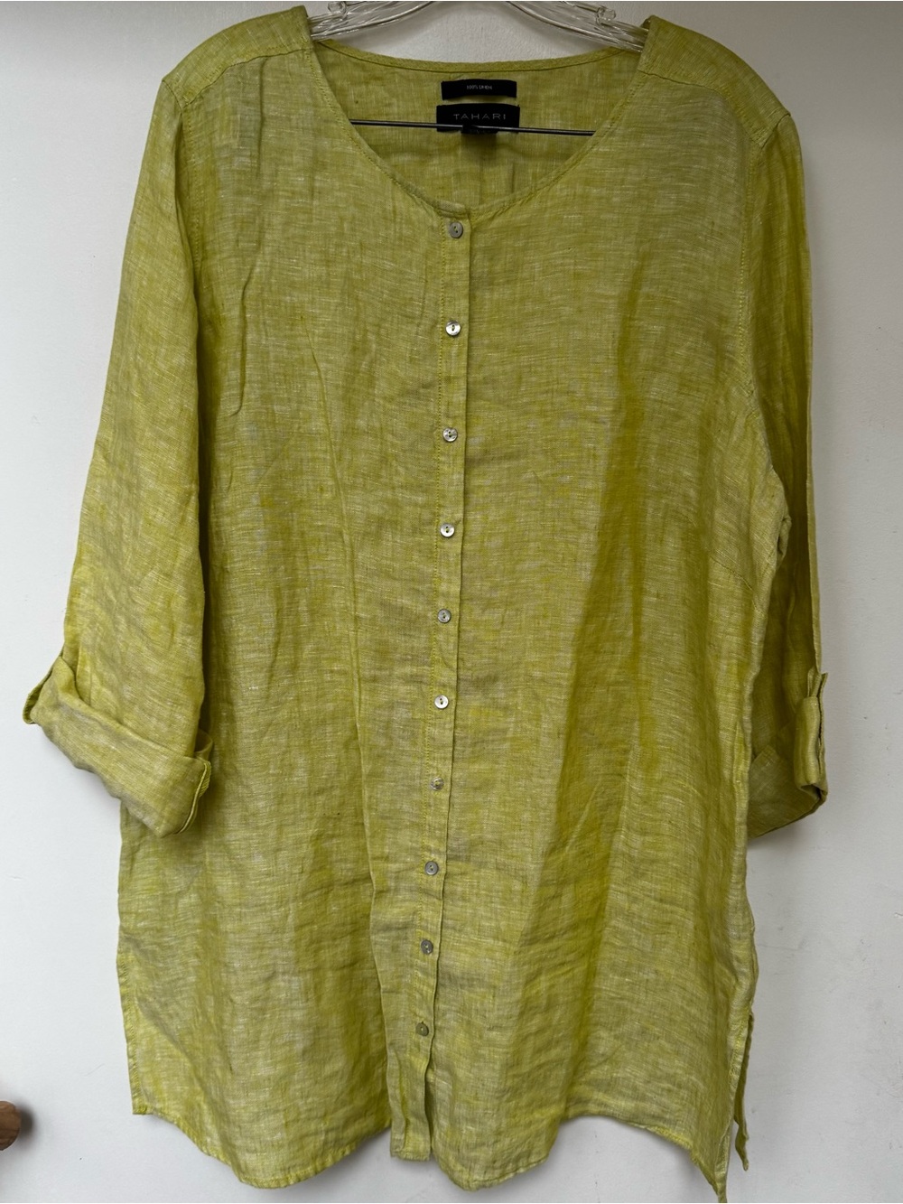 T Tahari Chartreuse Linen Button-Front Tunic